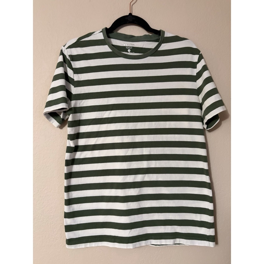 Zengjo Men's  Army Green Striped Size S Short Sleeved Shirt Cotton Blend